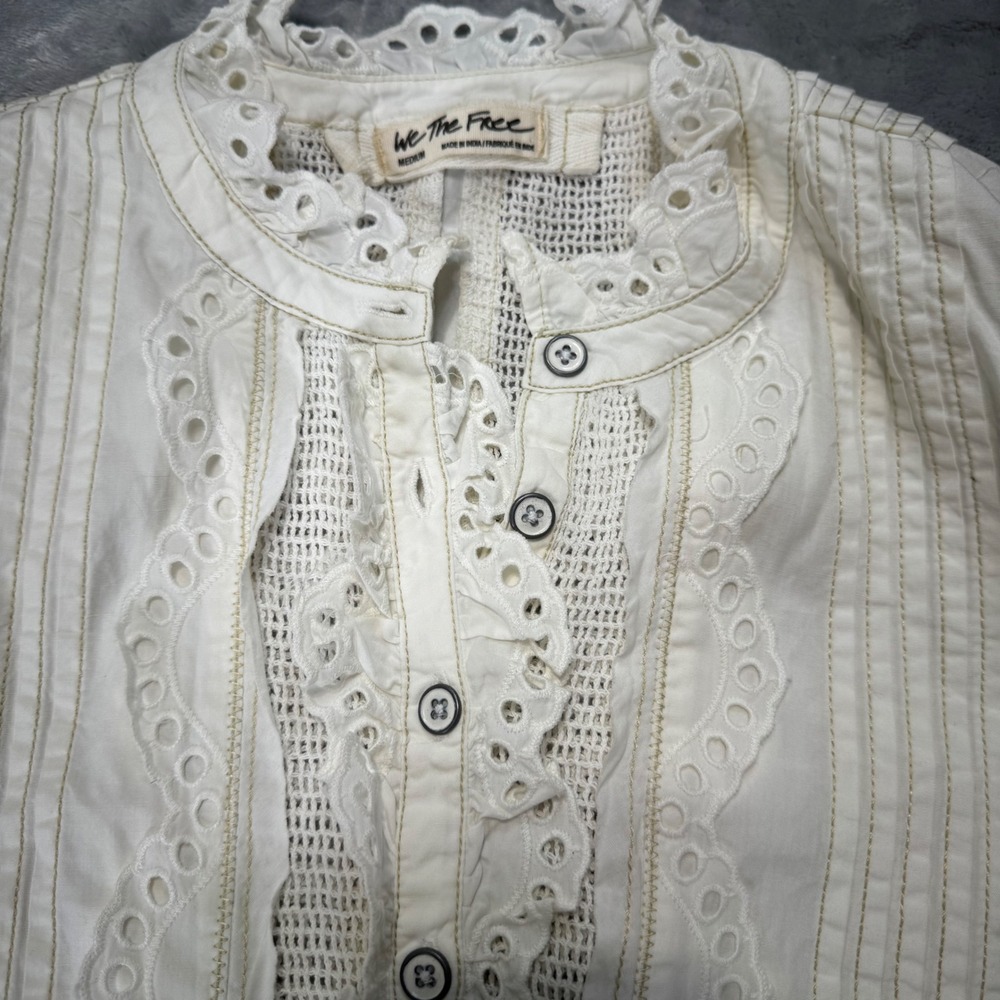 We The Free Free People White Eyelet Lace Ruffle Button Down Medium - Picture 5 of 11